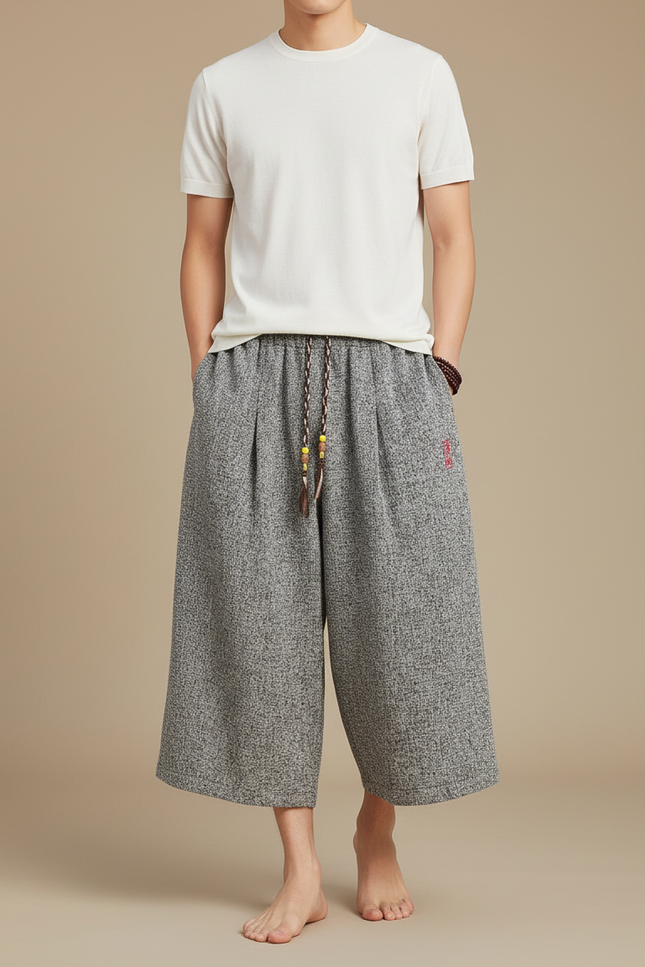 Pantalon Japonais Gris Lin Ample Décontracté Homme