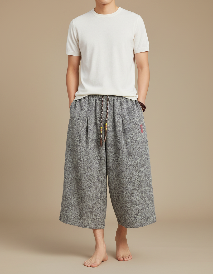 Pantalon Japonais Gris Lin Ample Décontracté Homme