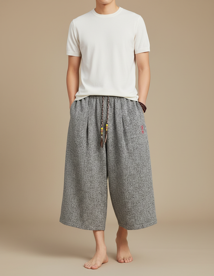 Pantalon Japonais Gris Lin Ample Décontracté Homme