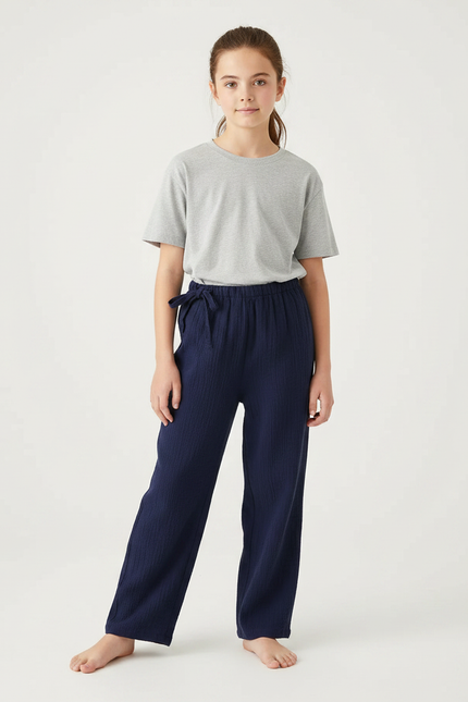 Pantalon Japonais Bleu Marine Ample Coton Ceinturé