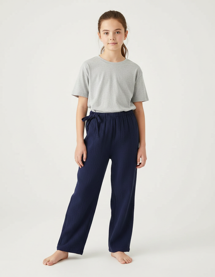 Pantalon Japonais Bleu Marine Ample Coton Ceinturé