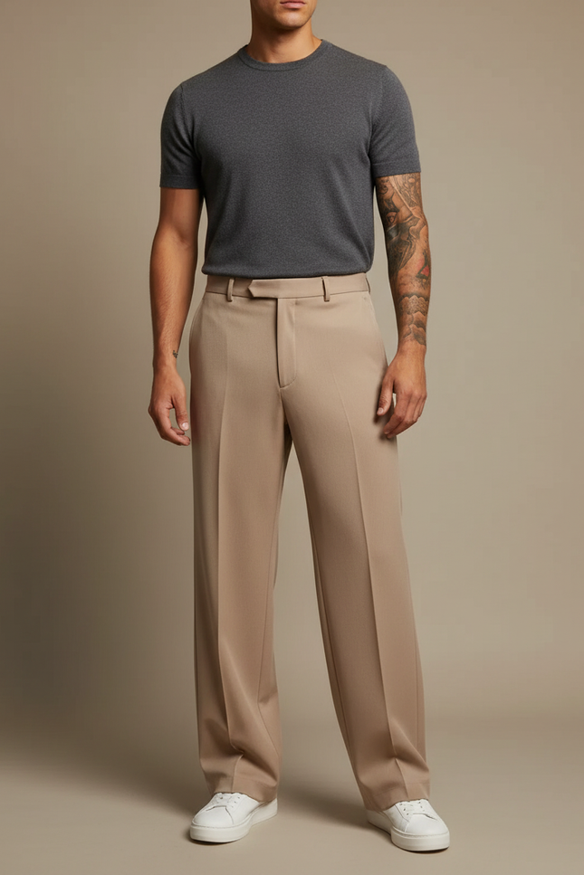 Pantalon Japonais Beige Ample Plissé Cordon Homme - Gabardine