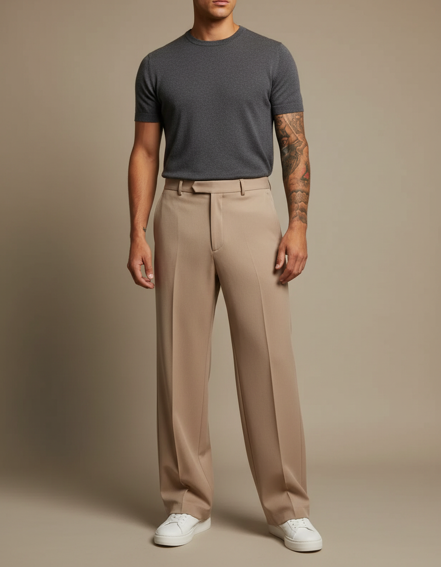 Pantalon Japonais Beige Ample Plissé Cordon Homme - Gabardine