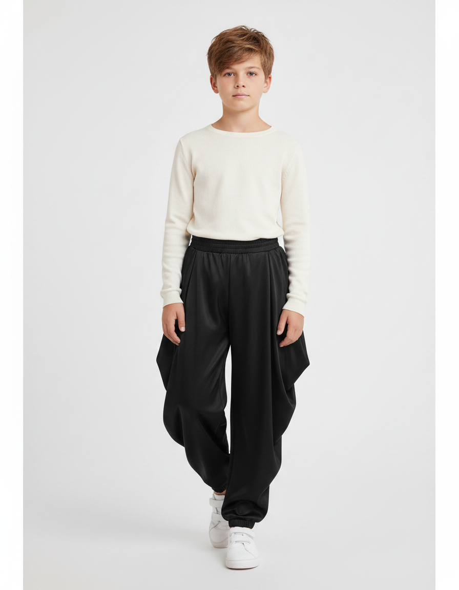 Pantalon Japonais Noir Satiné Ample Garçon Danse