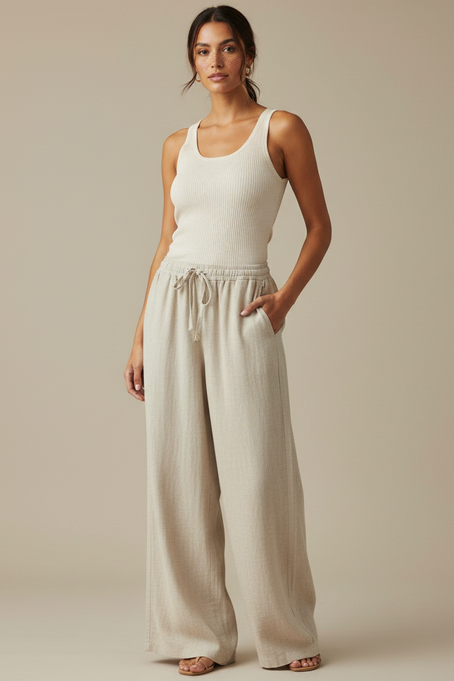 Pantalon Japonais Large Lin Ample Beige Cordon Confortable