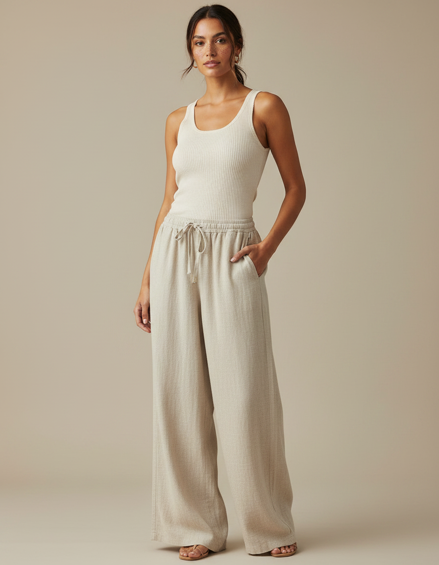 Pantalon Japonais Large Lin Ample Beige Cordon Confortable