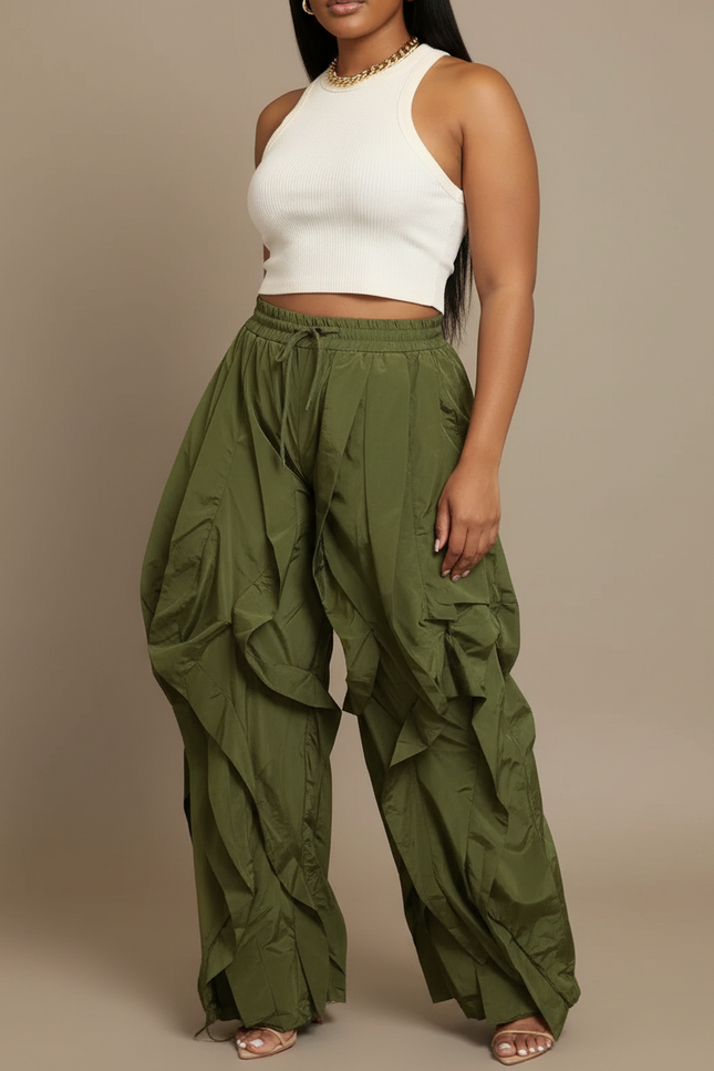 Pantalon Japonais Vert Ample Plissé Cargo Femme - Kaki Polyester