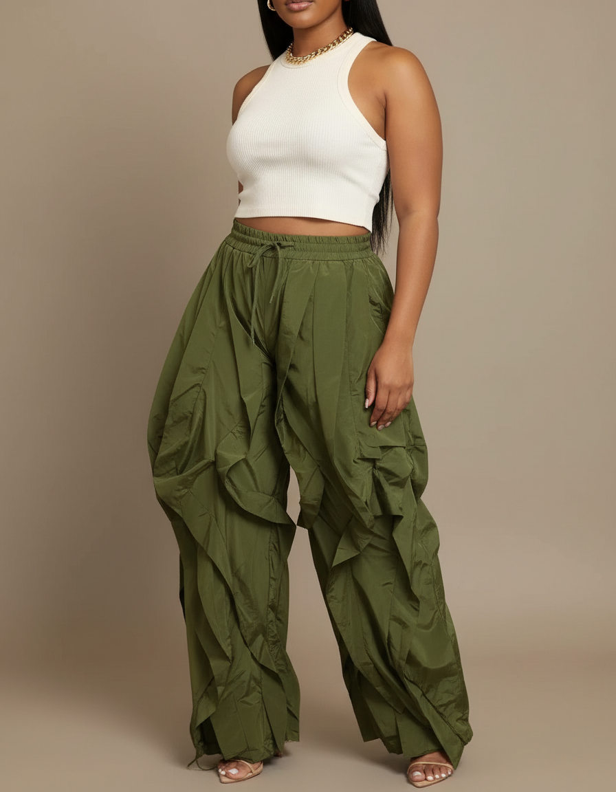 Pantalon Japonais Vert Ample Plissé Cargo Femme - Kaki Polyester