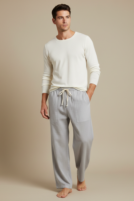 Pantalon Japonais Gris Ample Coton Lin Décontracté