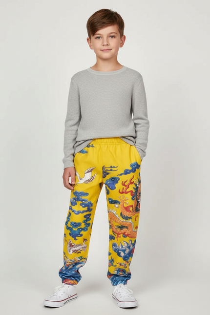 Pantalon Japonais Jaune Dragon Ample Garçon Coton - Molleton