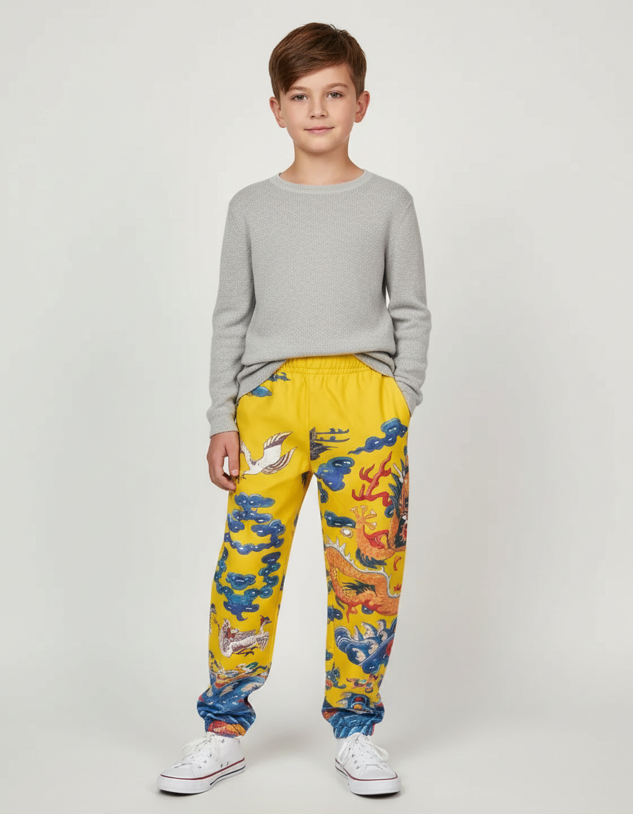 Pantalon Japonais Jaune Dragon Ample Garçon Coton - Molleton