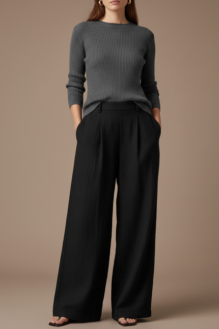 Pantalon Japonais Noir Ample Fluide Texturé Femme - Lin