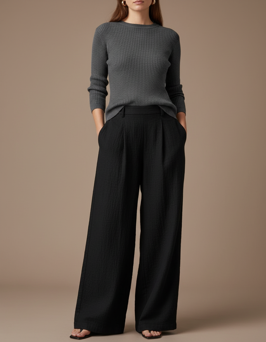 Pantalon Japonais Noir Ample Fluide Texturé Femme - Lin