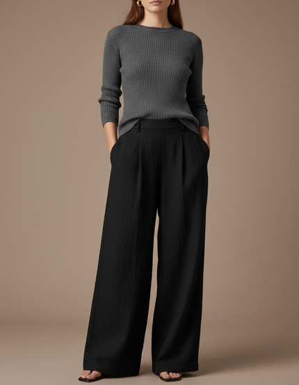Pantalon Japonais Noir Ample Fluide Texturé Femme - Lin