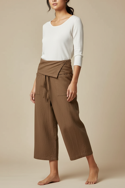Pantalon Japonais Marron Ample Lin Coton Fluide