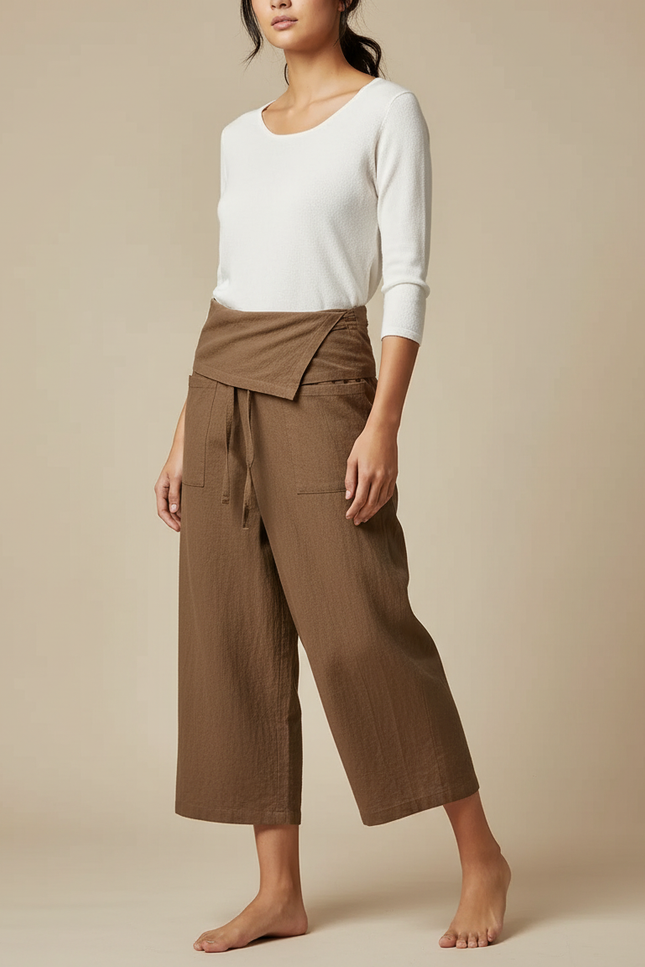 Pantalon Japonais Marron Ample Lin Coton Fluide