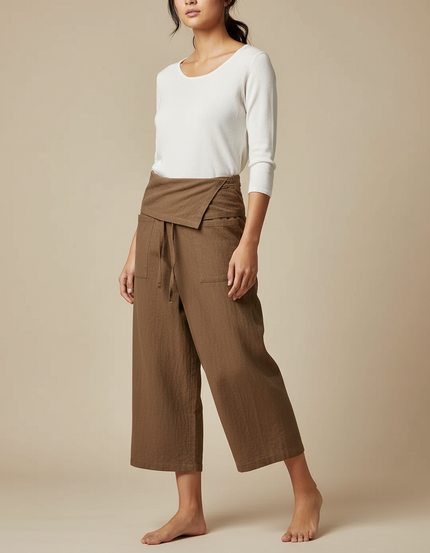 Pantalon Japonais Marron Ample Lin Coton Fluide