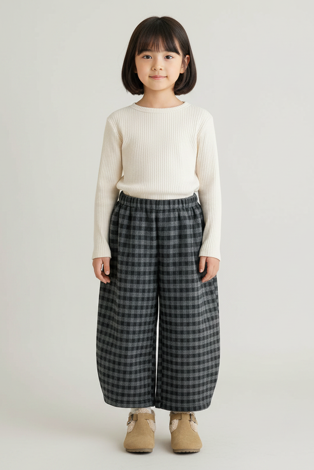 Pantalon Japonais Carreaux Ample Hiver Enfant - Gris Laine