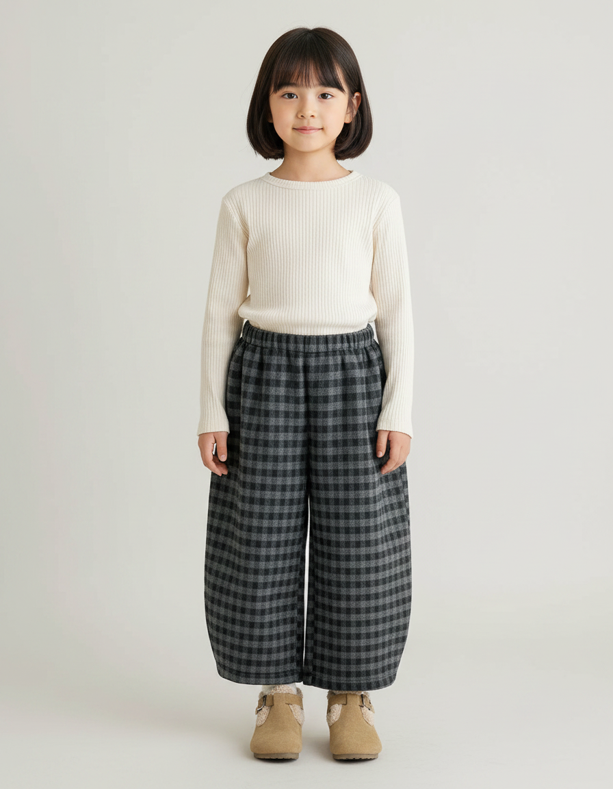 Pantalon Japonais Carreaux Ample Hiver Enfant - Gris Laine