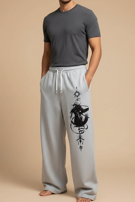 Pantalon Japonais Gris Ample Décontracté Imprimé Samouraï - Molleton