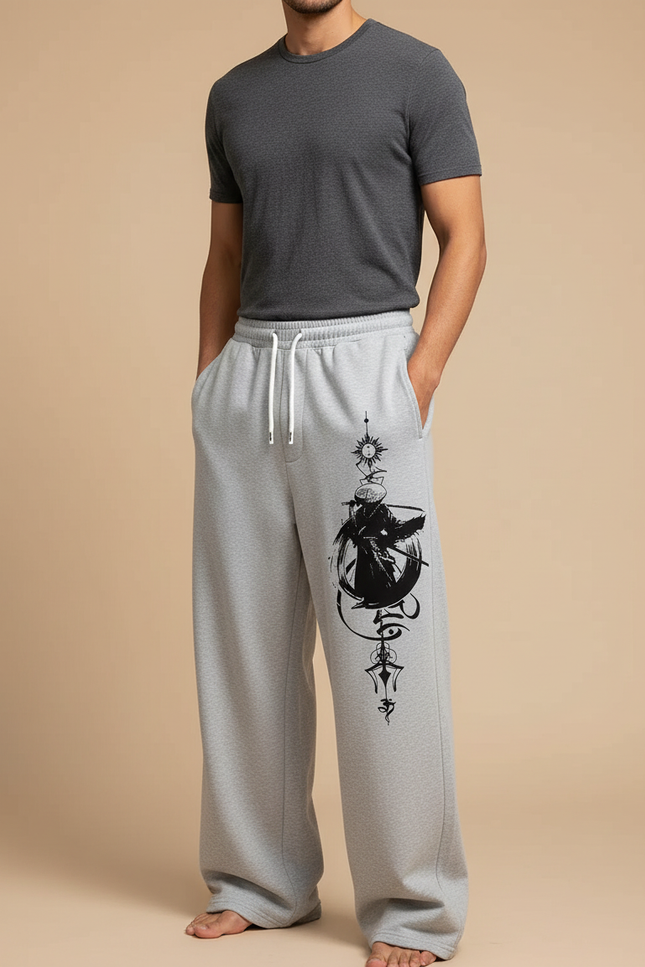 Pantalon Japonais Gris Ample Décontracté Imprimé Samouraï - Molleton