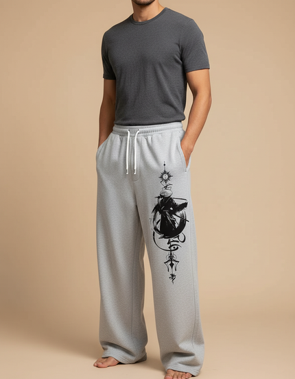 Pantalon Japonais Gris Ample Décontracté Imprimé Samouraï - Molleton