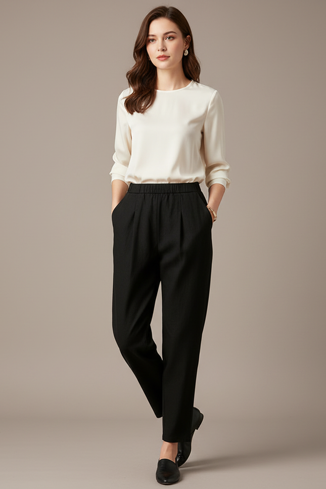 Pantalon Japonais Noir Fluide Plissé Femme Élégant - Viscose