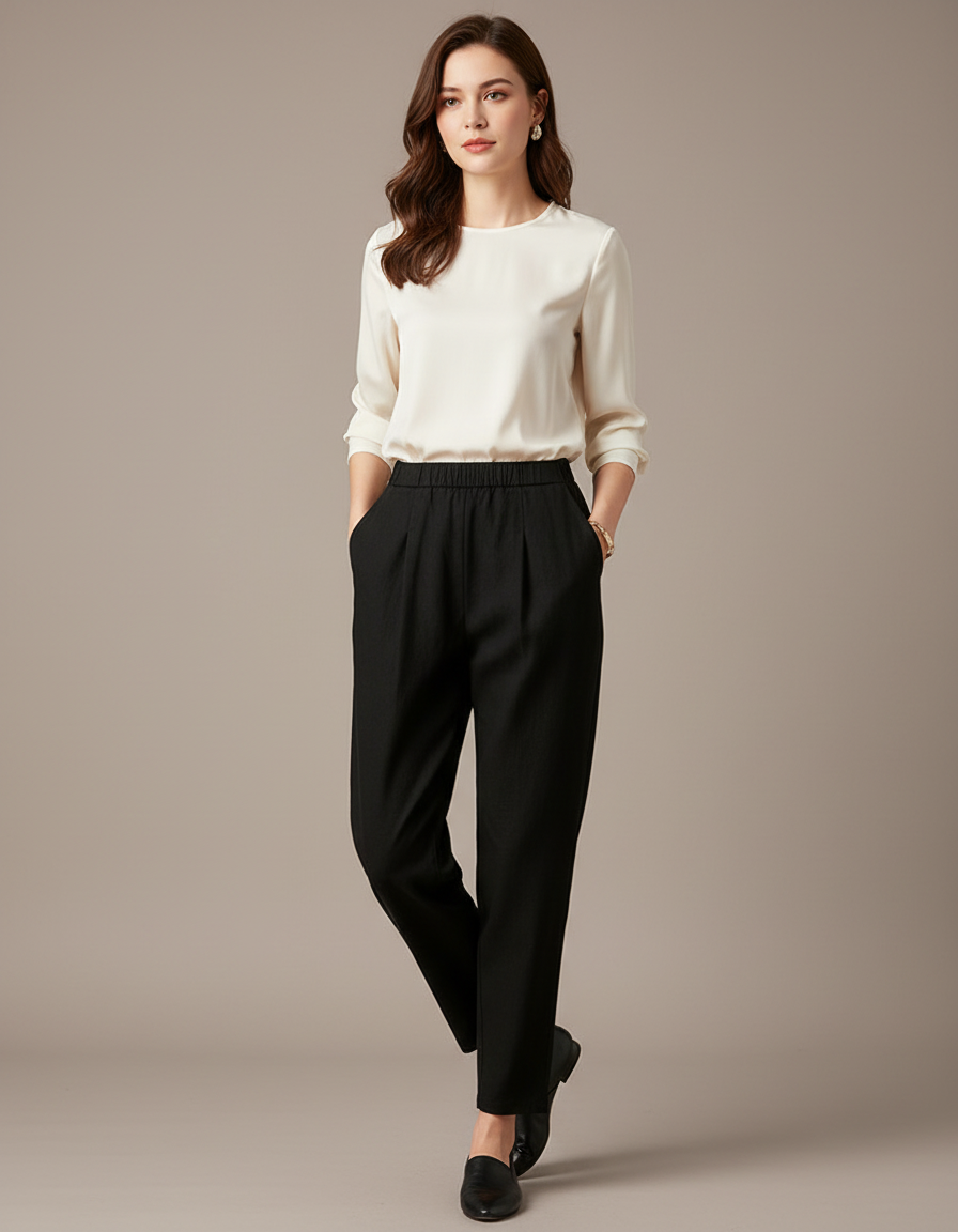 Pantalon Japonais Noir Fluide Plissé Femme Élégant - Viscose