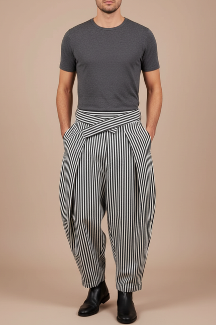 Pantalon Japonais Rayé Noir Blanc Plissé Ceinturé Ample Homme - Multicolore Coton