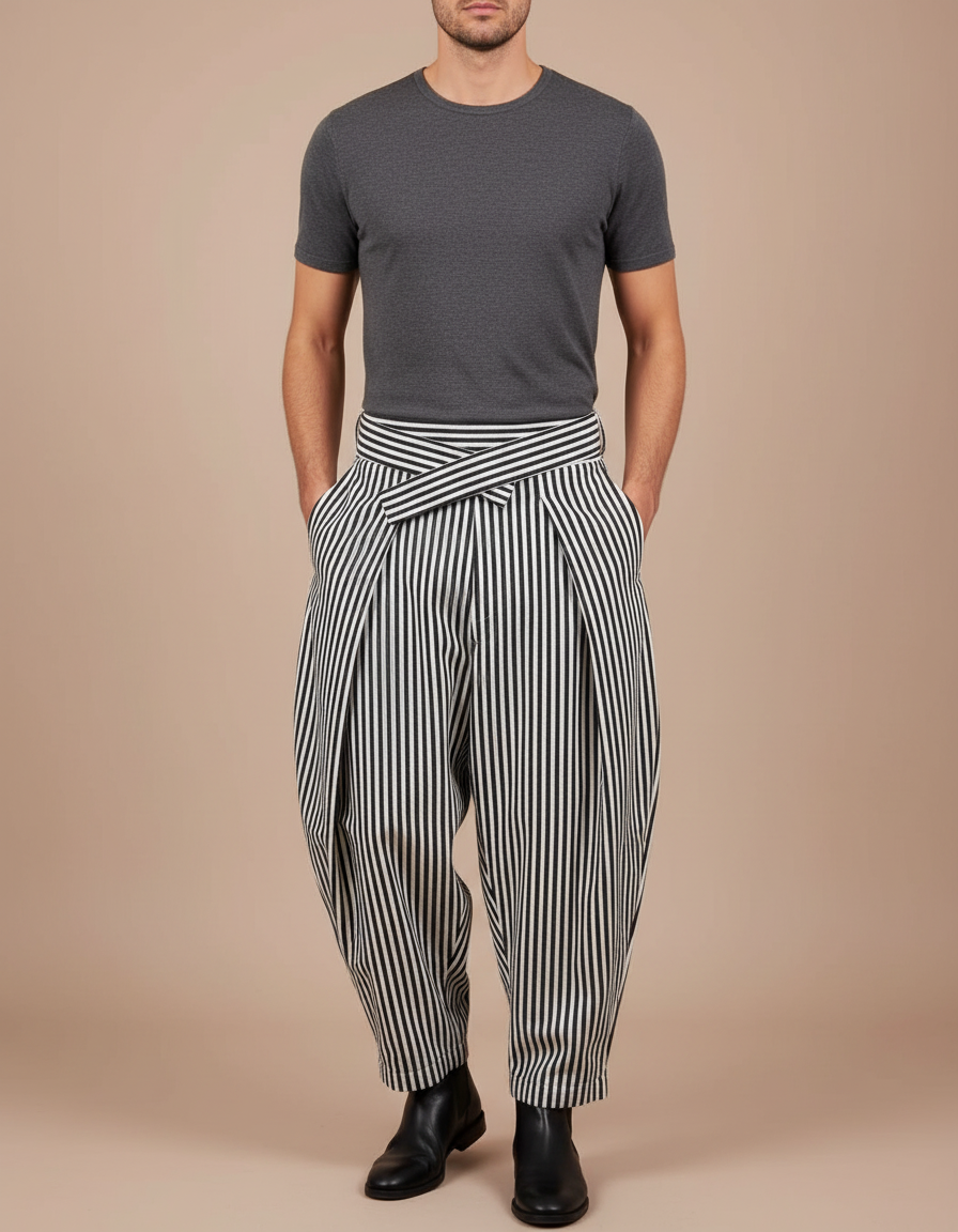 Pantalon Japonais Rayé Noir Blanc Plissé Ceinturé Ample Homme - Multicolore Coton