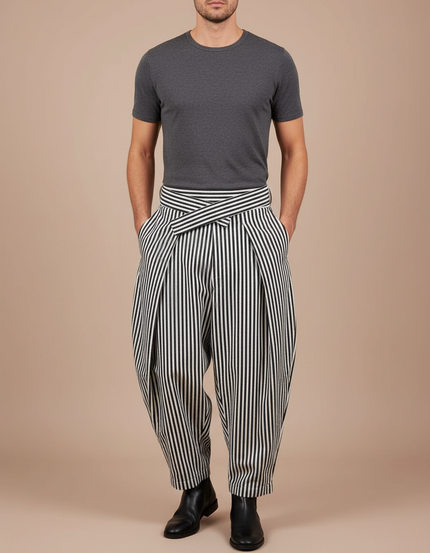 Pantalon Japonais Rayé Noir Blanc Plissé Ceinturé Ample Homme - Multicolore Coton