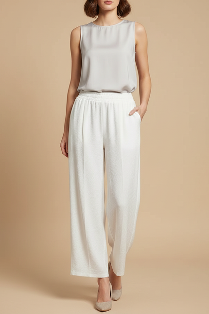 Pantalon Japonais Blanc Fluide Plissé Ample Décontracté - Polyester