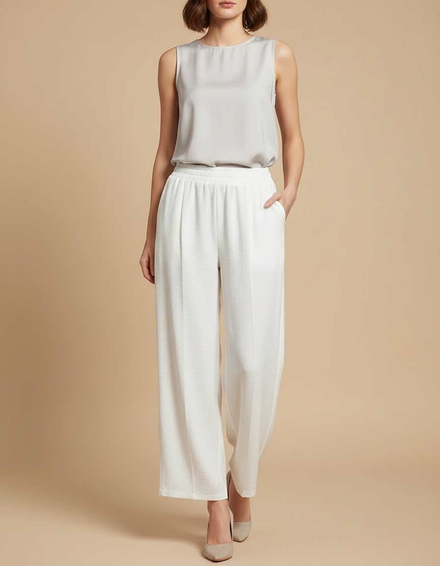 Pantalon Japonais Blanc Fluide Plissé Ample Décontracté - Polyester