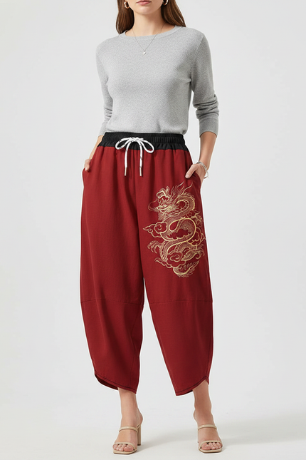 Pantalon Japonais Rouge Ample Dragon Brodé Fluide - Bordeaux Lin