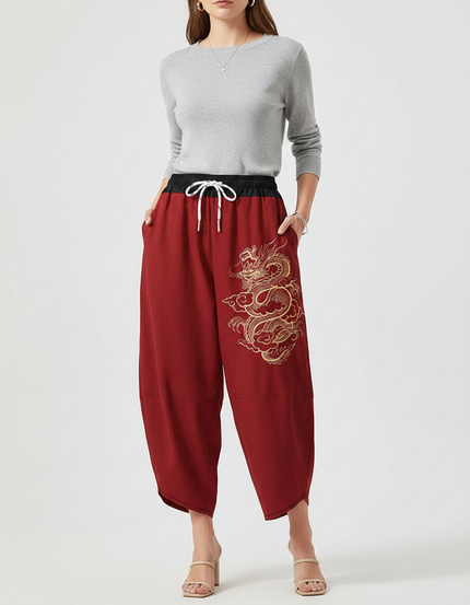 Pantalon Japonais Rouge Ample Dragon Brodé Fluide - Bordeaux Lin