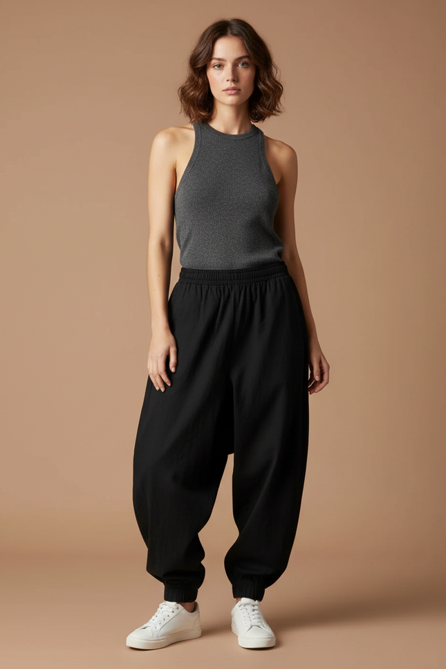 Pantalon Japonais Noir Ample Fluide Élastiqué Femme - Viscose