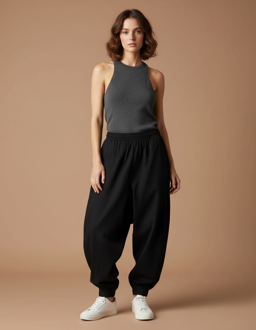 Pantalon Japonais Noir Ample Fluide Élastiqué Femme - Viscose