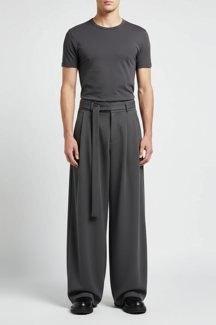 Pantalon Japonais Large Ceinturé Gris Ample Élégant - Polyester