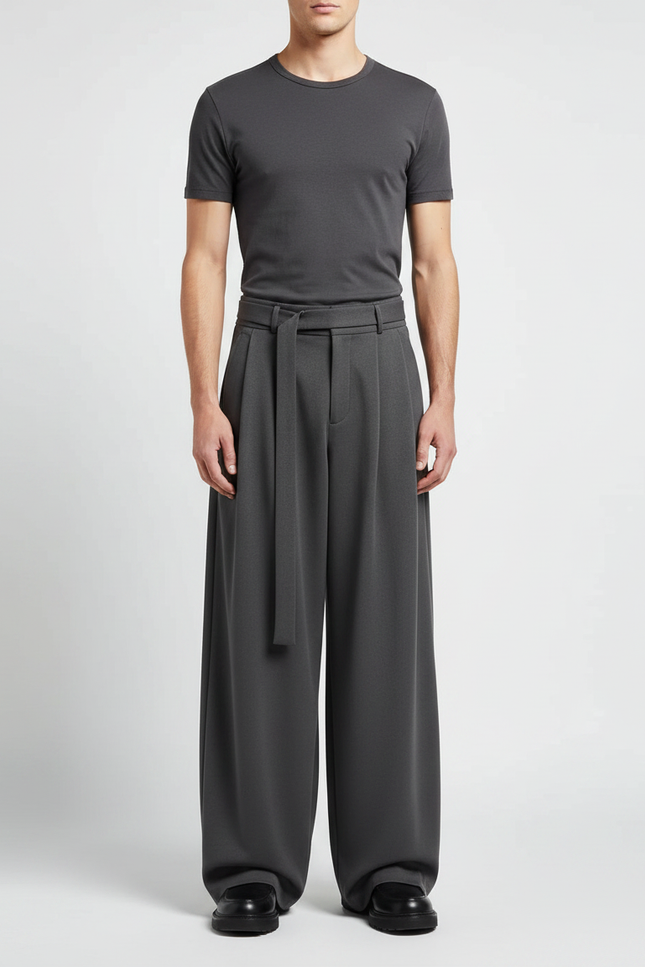 Pantalon Japonais Large Ceinturé Gris Ample Élégant - Polyester