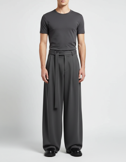 Pantalon Japonais Large Ceinturé Gris Ample Élégant - Polyester