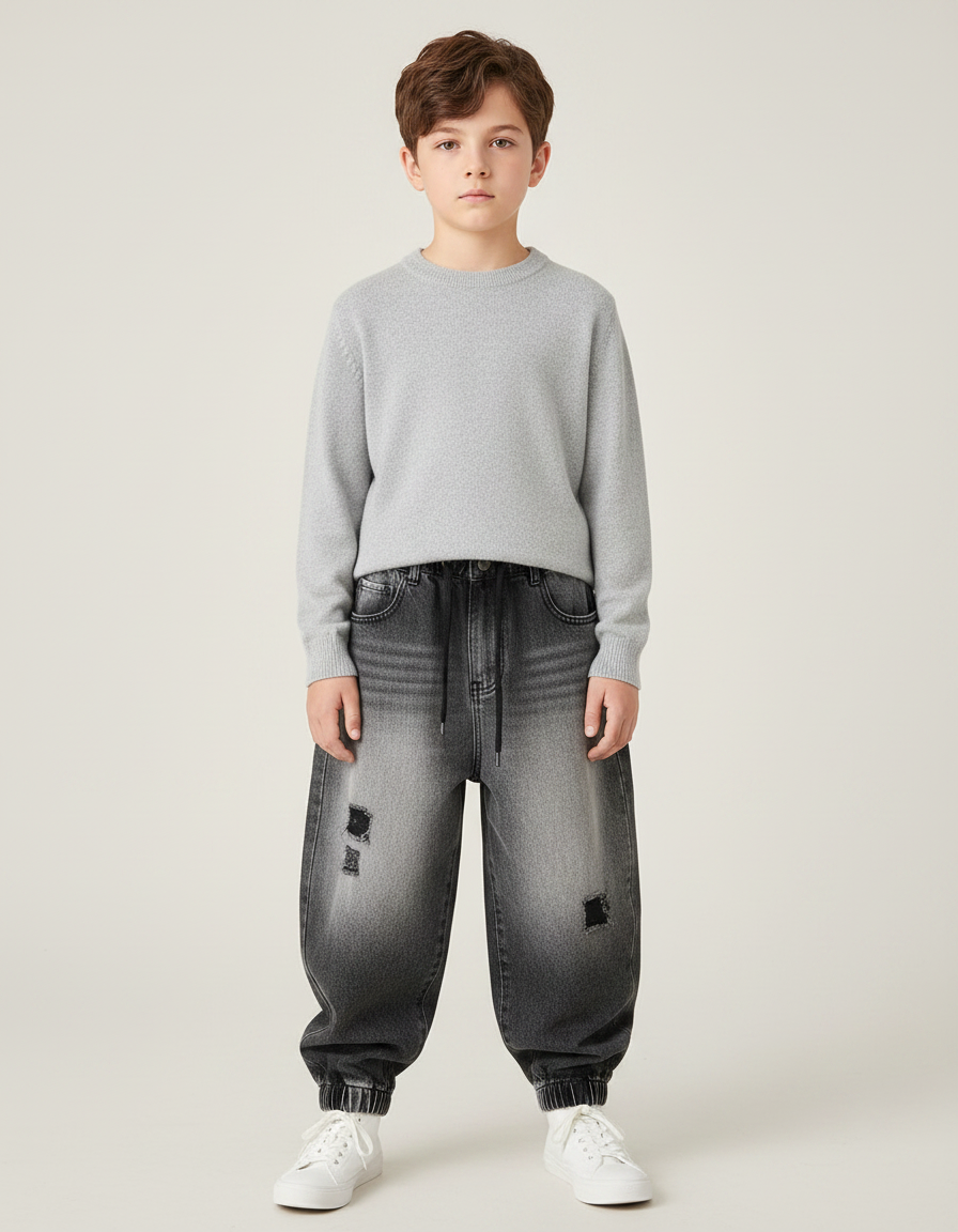 Pantalon Japonais Dégradé Noir Ample Déchiré Enfant - Jean