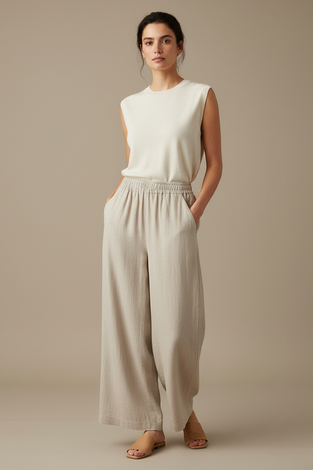Pantalon Japonais Beige Ample Lin Léger Décontracté