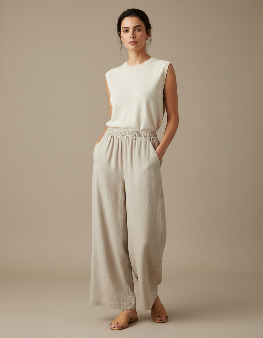 Pantalon Japonais Beige Ample Lin Léger Décontracté