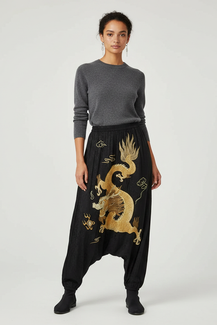 Pantalon Japonais Noir Dragon Brodé Harem Satin Fluide