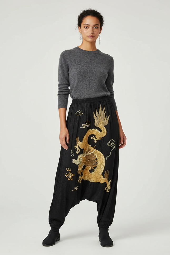 Pantalon Japonais Noir Dragon Brodé Harem Satin Fluide