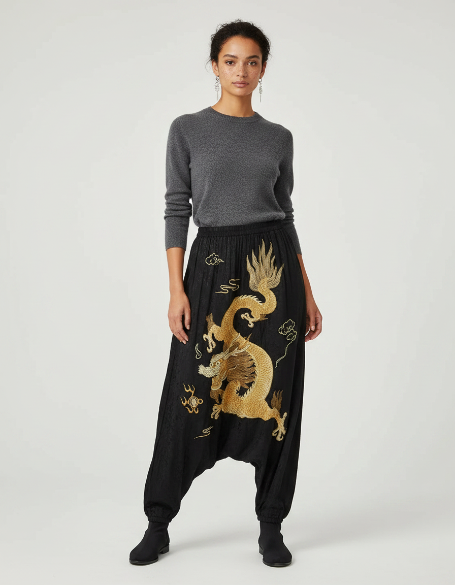 Pantalon Japonais Noir Dragon Brodé Harem Satin Fluide