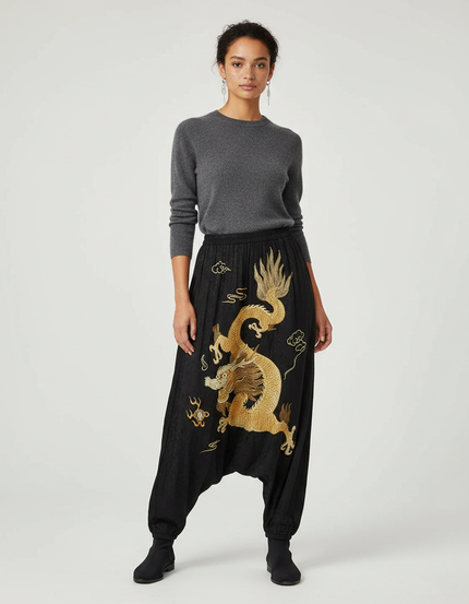 Pantalon Japonais Noir Dragon Brodé Harem Satin Fluide