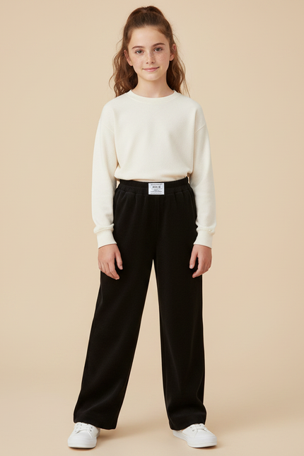 Pantalon Japonais Noir Côtelé Ample Fille Décontracté - Cordé