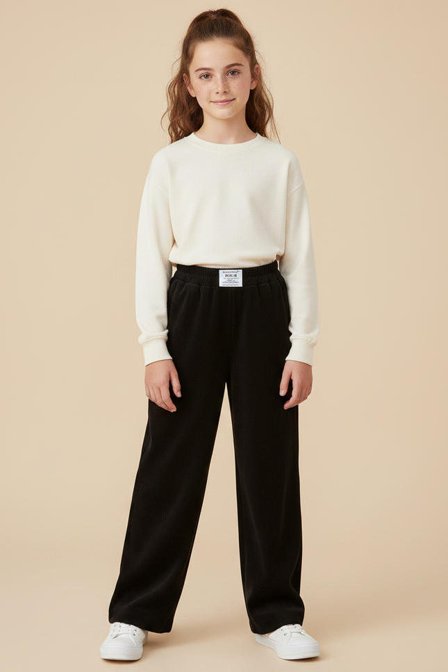 Pantalon Japonais Noir Côtelé Ample Fille Décontracté - Cordé