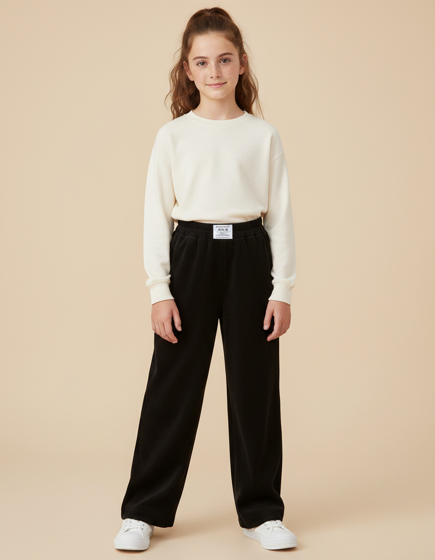 Pantalon Japonais Noir Côtelé Ample Fille Décontracté - Cordé